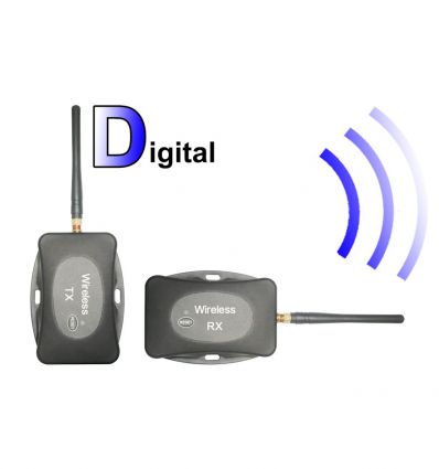 Digital transmitter and receiver for wireless transmission of audio and video signals